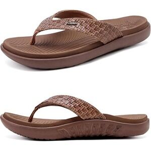 KuaiLu Women's US 10 Coffee Brown Flip-Flops Leather Toe Separator With Arch
